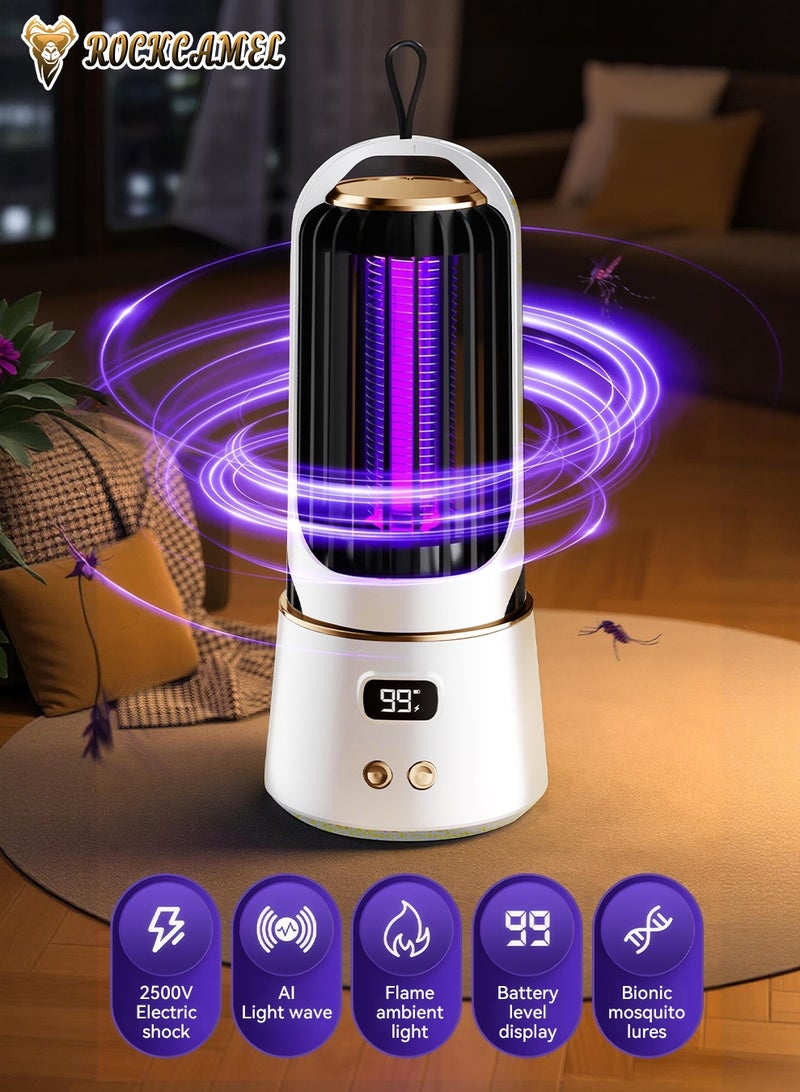 ROCKCAMEL Portable Mosquito Killer Lamp, USB Rechargeable Electric Bug Zapper with Digital Display & 3-Timer, Build-in 2400mAh Battery, 2-in-1 Mosquito Killer Lamp & Flame Effect Mood Light, Hanging/Desktop, Beige - Image 3